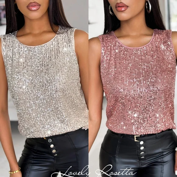 Sequin Sleeveless Top - Champagne - Picture 4 of 5